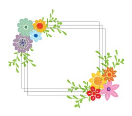 Decorative frame composition with, flowers, ornate elements in doodle style. Floral, ornate, decorative design elements
