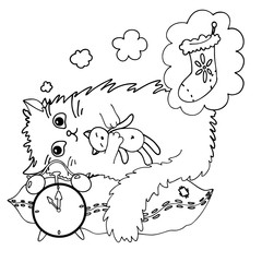 Isolated Christmas cat with toy and clock 