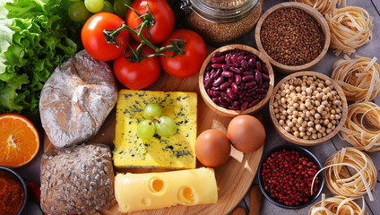 Composition with assorted organic food products on the table