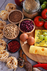 Composition with assorted organic food products on the table