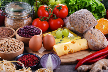 Composition with assorted organic food products on the table