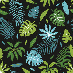 vector seamless background pattern with funny simple tropical leaves and flowers for fabric, textile