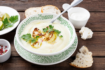 Potato and cauliflower cream soup. Vegetarian healthy food.