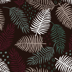 Vector nautical seamless background pattern with hand drawn beautiful palm leaves, plants for fabric, textile, wrapping paper, notebooks covers