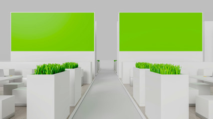 Empty white and green exhibition booth, copy space illustration, 3d rendering, retail concepts
