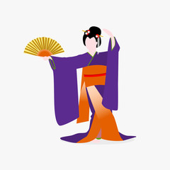 Japanese woman dressed in traditional kimono costume dancing with a fan - 243008527