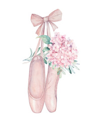 Ballet pointe shoes with flower. Hand drawn illustration. Fashion art print