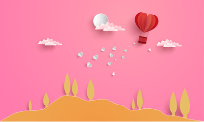 Fototapeta na wymiar illustrations of love and valentine's day with paper art design. air balloon across the hill.