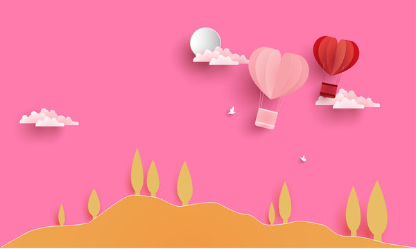 illustrations of love and valentine's day with paper art design. air balloon across the hill.