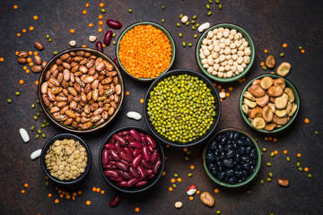 Legumes, lentils, chikpea and beans assortment.