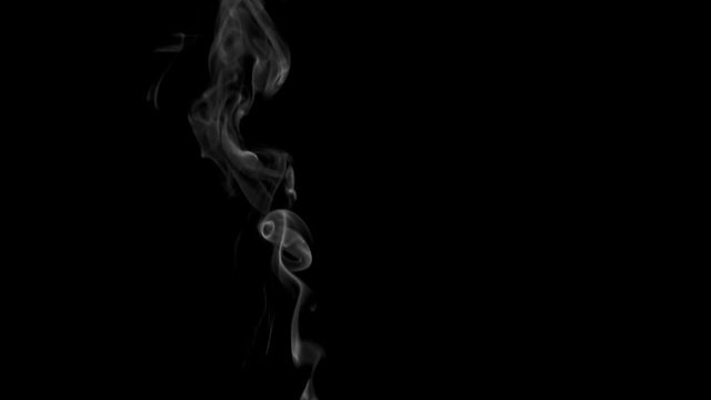Slim Slow Smoke Twists. White clearly expressed smoke slowly rises from the bottom of the screen and forms elegant twists on a black background. Filmed at a speed of 240fps