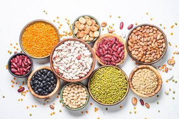 Legumes, lentils, chikpea and beans assortment on white.