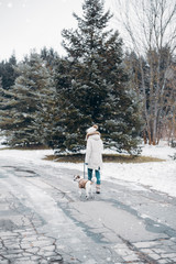 Fototapeta na wymiar Active winter leisure - woman walking with dog in snowy park. Instagram style photo.