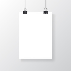 Empty A4 sized vector paper frame mockup hanging with paper clip. Realistic empty white poster template.