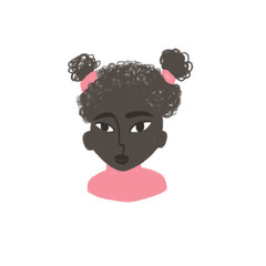 Cute little african girl. Hand drawn funny girlish print for poster, t-shirt, card, banner. Adorable teens sketch illustration. Oil pastel crayon.