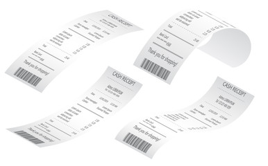 Cash register sales receipts printed on thermal rolled paper realistic samples