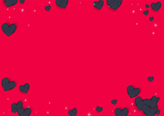 Volumetric black hearts on a pink background with twinkling elements. Glamorous background with hearts for Valentine's day. Confetti.