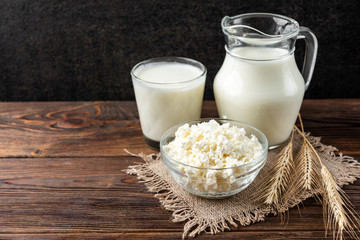 Dairy products on dark wooden background. Milk, cottage cheese and sour cream. 