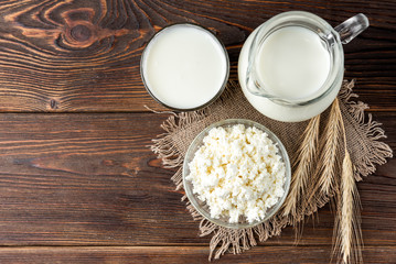 Dairy products on dark wooden background. Milk, cottage cheese and sour cream. 