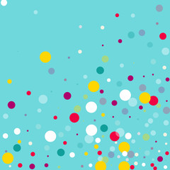 Flying multicolored confetti on a blue background. Red, pink, blue, yellow circles.