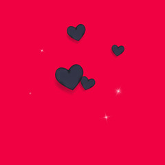 Volumetric black hearts on a pink background with twinkling elements. Glamorous background with hearts for Valentine's day. Confetti.