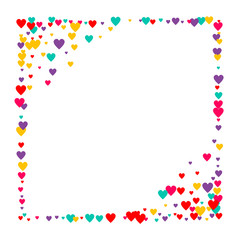 Obraz premium Candy of red, yellow, blue and purple hearts on a white background. Flying confetti from hearts. Valentine's day card.