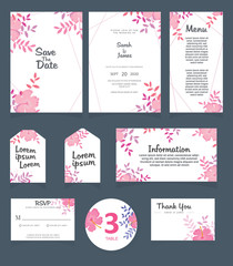 Fototapeta premium Wedding invitation card template. Wedding invitation, thank you, save the date, menu, information, RSVP, label, table number and place card design