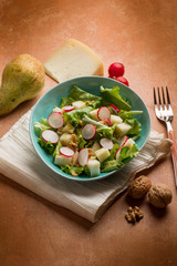 salad with cheese pear radish lettuce and nuts