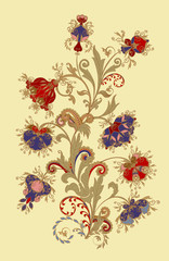 Bouquet of fantastic flowers. Background in ethnic traditional style.