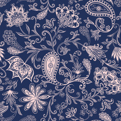Abstract vintage pattern with decorative flowers, leaves and Paisley pattern in Oriental style. - 243015122