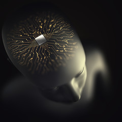 Artificial brain made of microprocessor with electrical connections and binary pulses representing the human nervous system. Concept of artificial intelligence and implants of artificial organs.