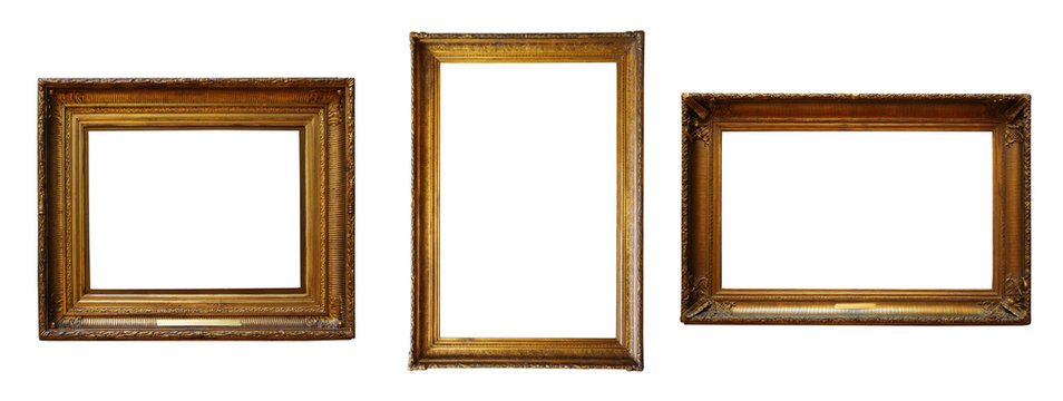 Set of three vintage golden baroque wooden frames on  isolated background