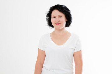 Fototapeta premium Happy middle age woman in summer blank template t shirt isolated on white background. Copy space.