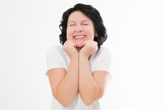 Surprised shocked excited asian middle age woman wrinkle face isolated on white background. White teeth and senior dental medicine. Copy space