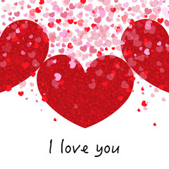 Cute romantic red and pink shining many hearts. ''I love you'' text. Happy Valentine's day greeting card