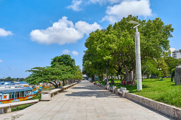 Public park embankment in Hue city centre, Vietnam
