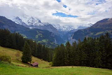 Fototapeta na wymiar Beautiful Lauterbrunnen valley view from hillside near Wengen village in Switzerland.