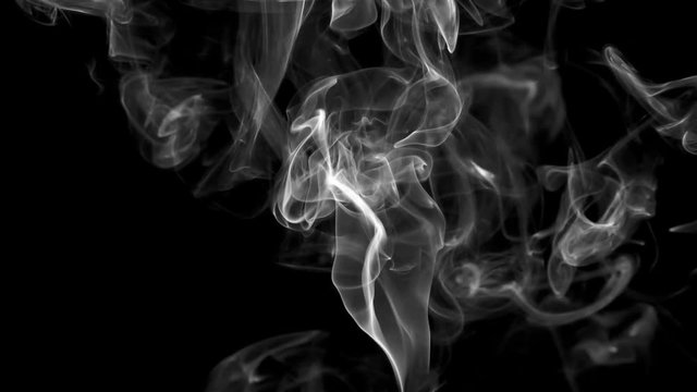 In the Air Hanging Smoke Loops. White clearly expressed smoke slowly rises from the bottom of the screen and forms elegant twists on a black background. Filmed at a speed of 240fps
