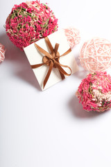 Greeting cards on a white background. Around decorative balls.