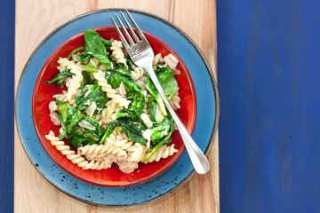 Fusilli pasta with spinach and tuna.