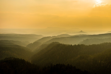 Fog layers in czech mountains in sunset light, Saxon-Bohemian Switzerland, Czech republic