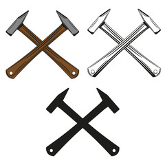 Set of crossed hammer icon in monochrome, color and black style. Vector illustration.