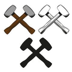 Set of crossed hammer icon in monochrome, color and black style. Vector illustration.
