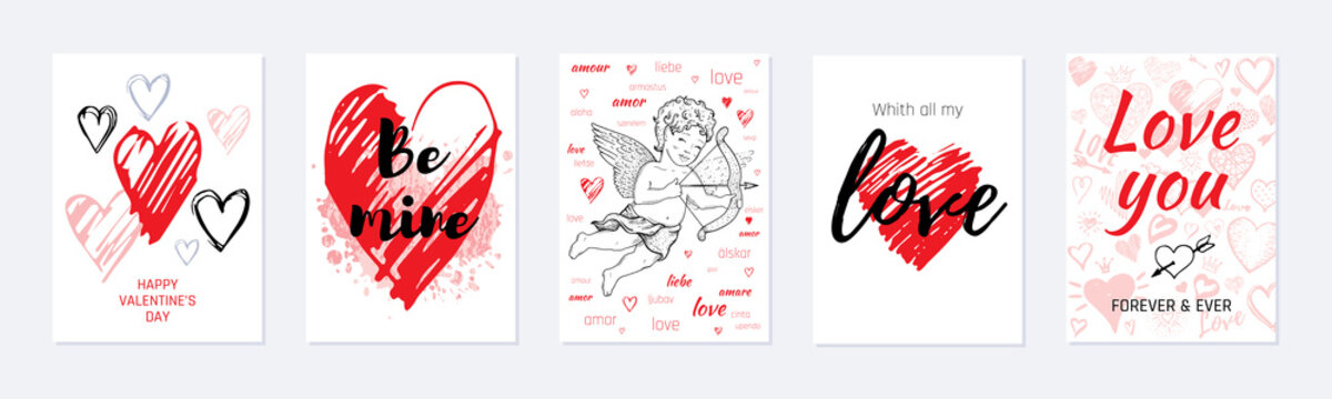 Valentine s day card design set. Poster with hearts, cute cupid, slogan. Vector illustration for greeting gift tag, t shirt print. Trendy hand drawn doodle style, cool flyer template isolated on white
