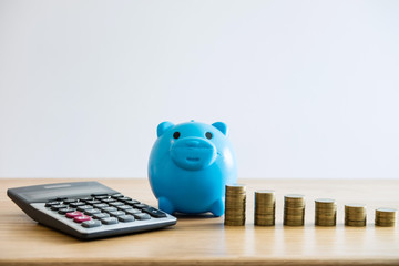 Saving money for future, Coin stacks for step up growing business to profit and saving with piggy...