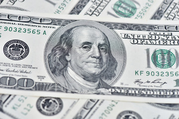 Dollars Closeup Concept. American Dollars Cash Money. One Hundred Dollar Banknotes.