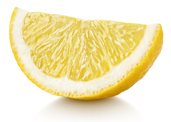 Ripe slice of yellow lemon citrus fruit isolated on white background with clipping path. Full depth of field. - obrazy, fototapety, plakaty