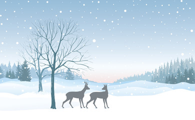 Fototapeta na wymiar Christmas background. Snow winter landscape skyline with deers. Retro Merry Christmas wallpaper design.