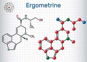 Ergometrine drug molecule. Sheet of paper in a cage. Structural chemical formula and molecule model.