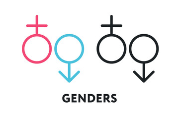 Male and Female Gender Symbols. Man and Woman Unisex. Vector Flat Line Stroke Icon.